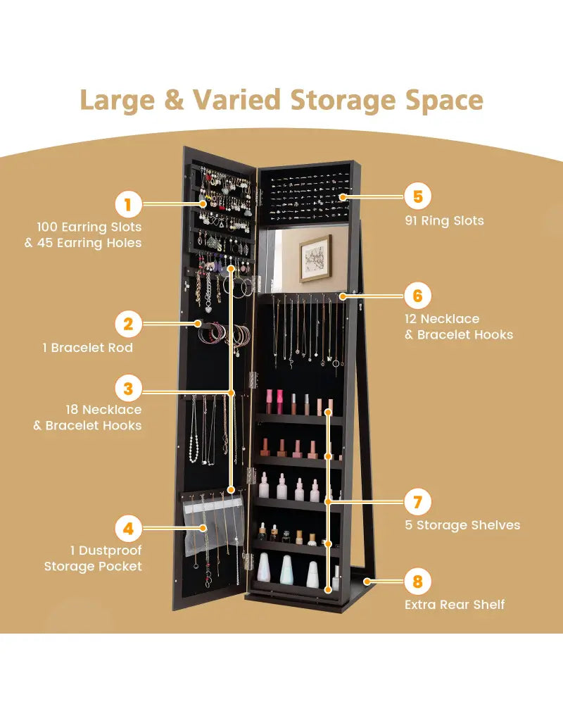 Standing Lockable Jewelry Storage Organizer with Full-Length Mirror-Coffee - Coffee - Jewelry Armoires