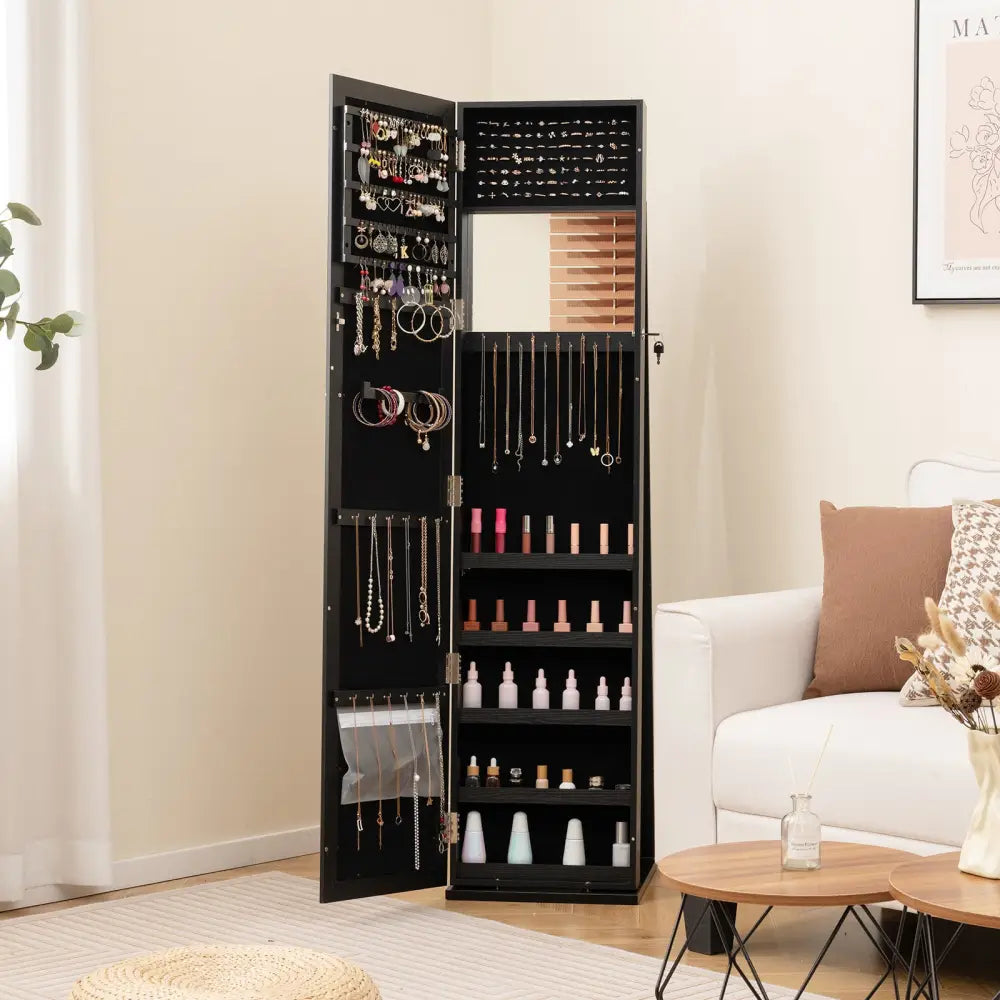 Standing Lockable Jewelry Storage Organizer with Full-Length Mirror-Black - Black - Jewelry Armoires