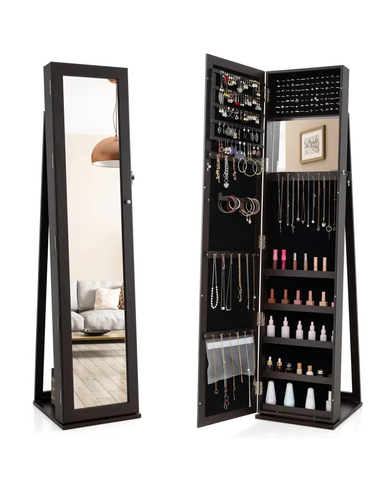 Standing Lockable Jewelry Storage Organizer with Full-Length Mirror-Coffee - Coffee - Jewelry Armoires