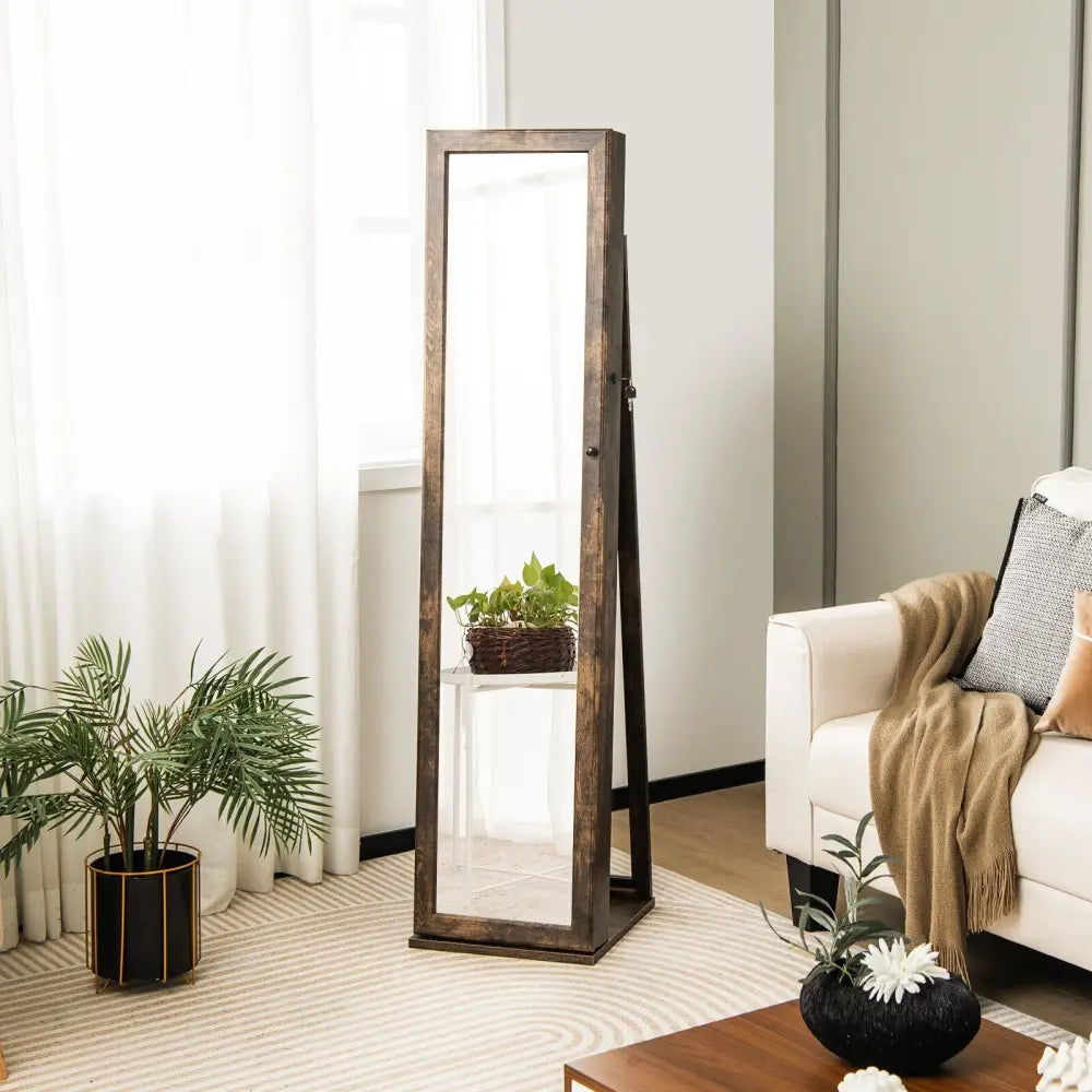 Standing Lockable Jewelry Storage Organizer with Full-Length Mirror-Brown - Brown - Jewelry Armoires
