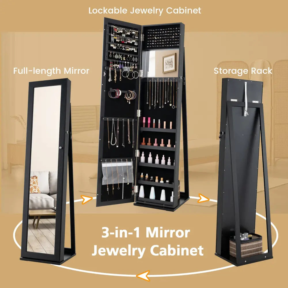 Standing Lockable Jewelry Storage Organizer with Full-Length Mirror-Black - Black - Jewelry Armoires
