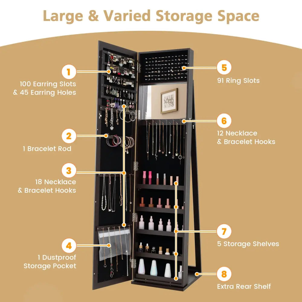 Standing Lockable Jewelry Storage Organizer with Full-Length Mirror-Coffee - Coffee - Jewelry Armoires