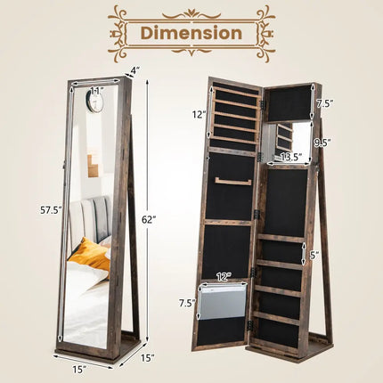 Standing Lockable Jewelry Storage Organizer with Full-Length Mirror-Brown - Brown - Jewelry Armoires