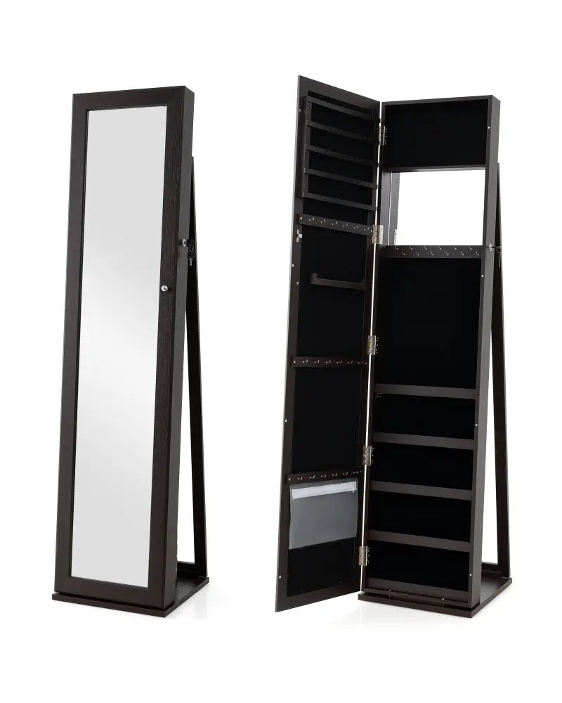 Standing Lockable Jewelry Storage Organizer with Full-Length Mirror-Coffee - Coffee - Jewelry Armoires