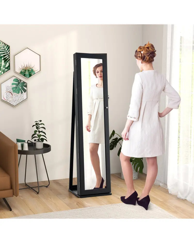 Standing Lockable Jewelry Storage Organizer with Full-Length Mirror-Black - Black - Jewelry Armoires