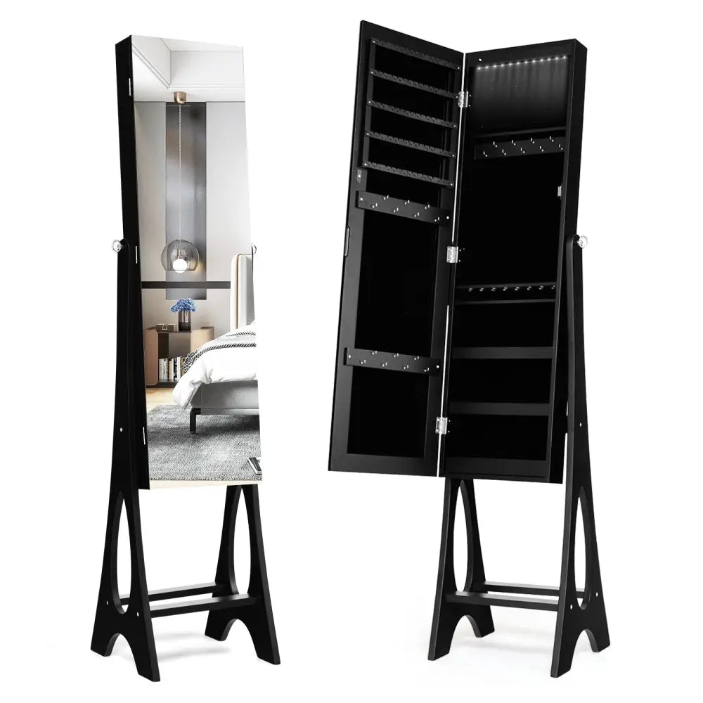 Standing Mirror Jewelry Cabinet-Black - Black - Jewelry Armoires