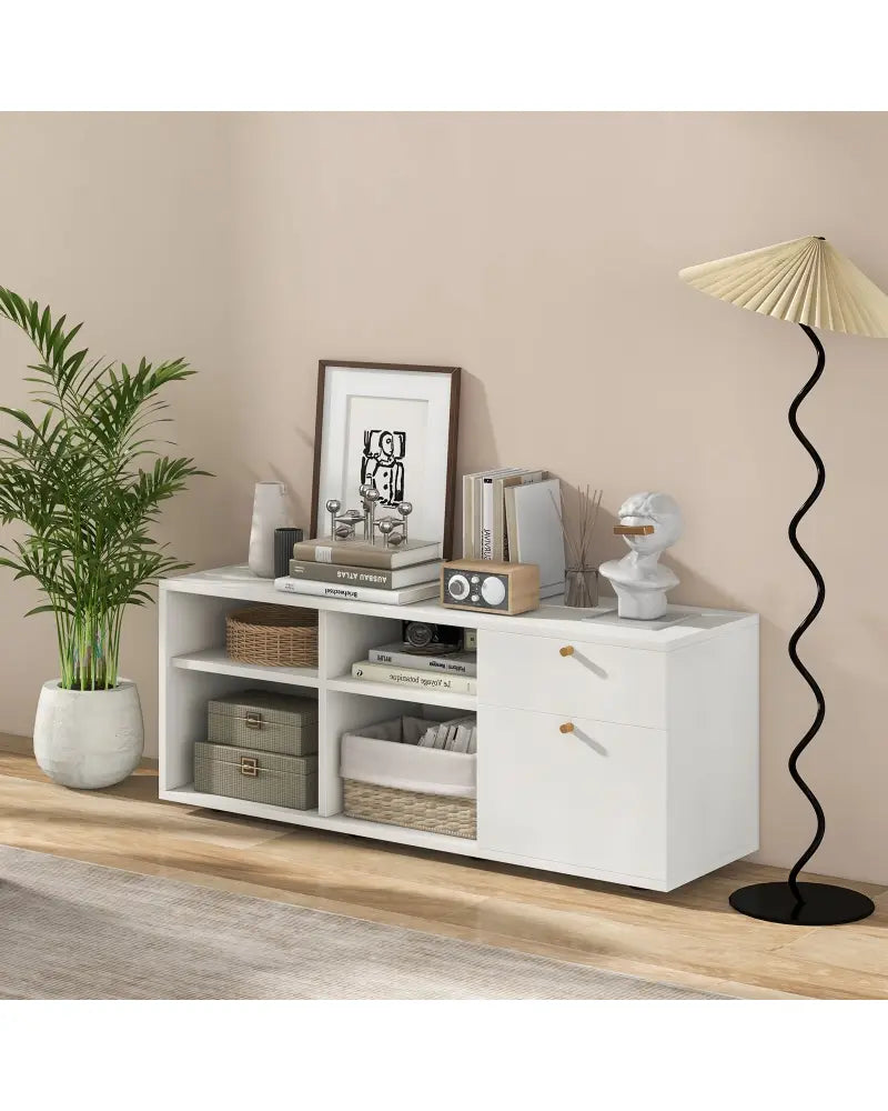 Storage Cabinet TV Console Cabinet with 2 Drawers and 4 Cubes for Entryway-White - White - Entertainment Centers & TV