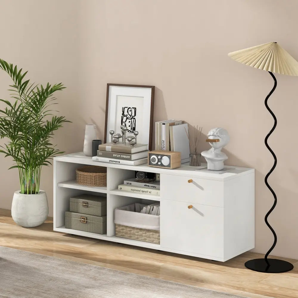 Storage Cabinet TV Console Cabinet with 2 Drawers and 4 Cubes for Entryway-White - White - Entertainment Centers & TV