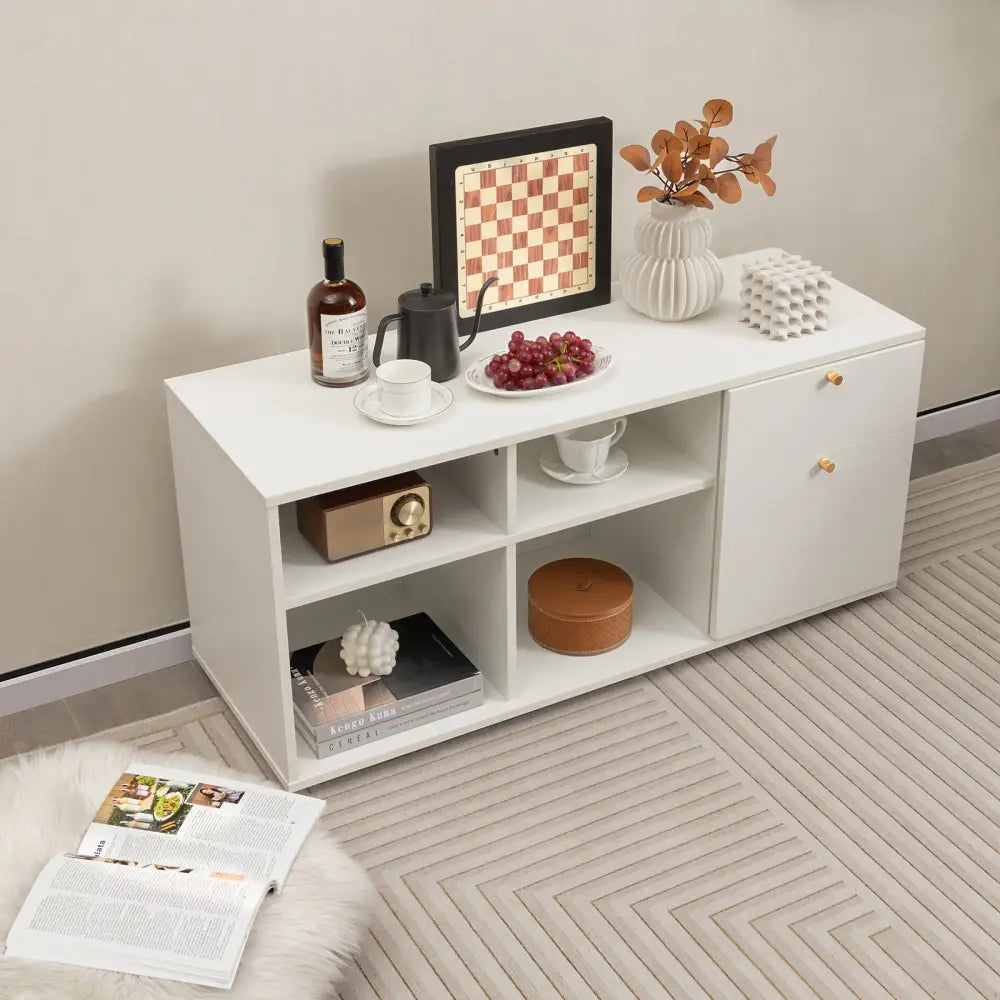 Storage Cabinet TV Console Cabinet with 2 Drawers and 4 Cubes for Entryway-White - White - Entertainment Centers & TV