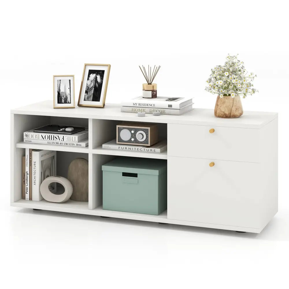 Storage Cabinet TV Console Cabinet with 2 Drawers and 4 Cubes for Entryway-White - White - Entertainment Centers & TV