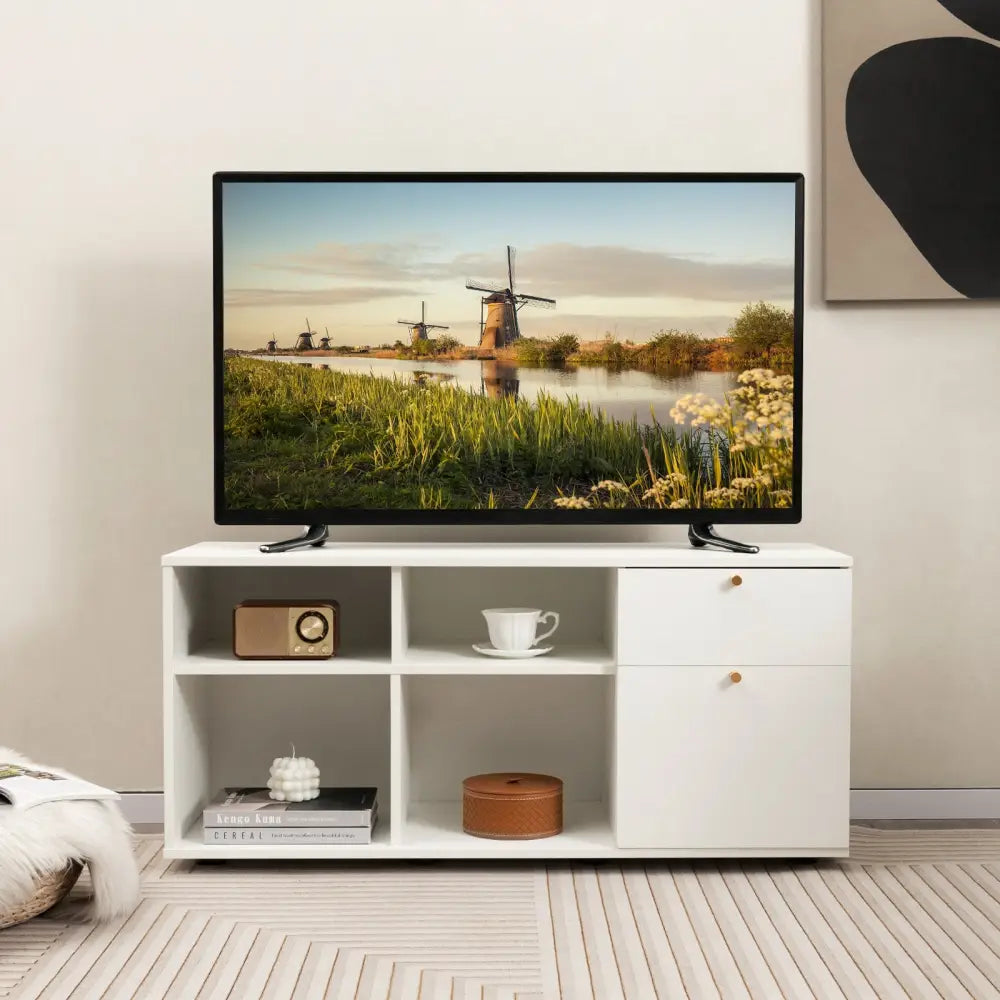 Storage Cabinet TV Console Cabinet with 2 Drawers and 4 Cubes for Entryway-White - White - Entertainment Centers & TV