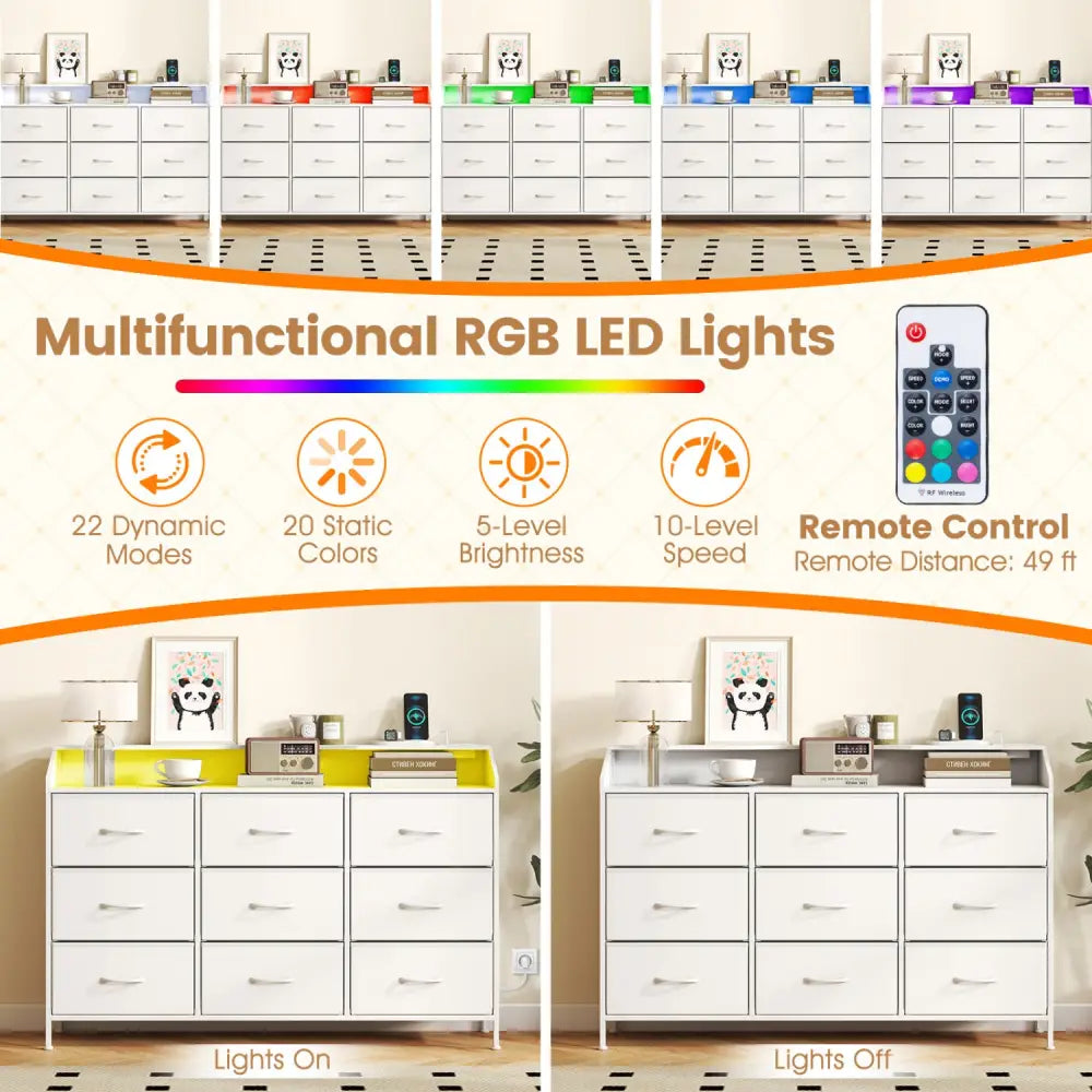 Storage Organizer with LED Lights and 9 Fabric Drawers for Bedroom-White - White - Dressers & Chests