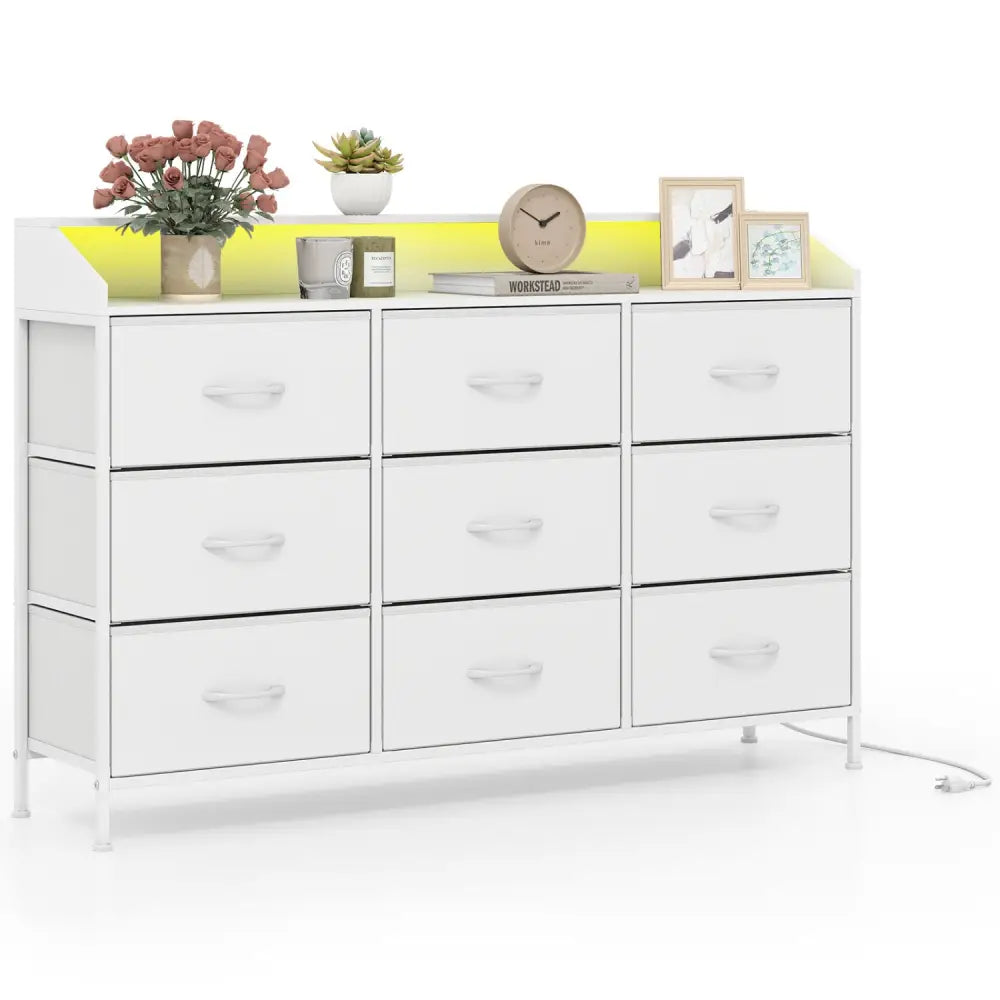 Storage Organizer with LED Lights and 9 Fabric Drawers for Bedroom-White - White - Dressers & Chests