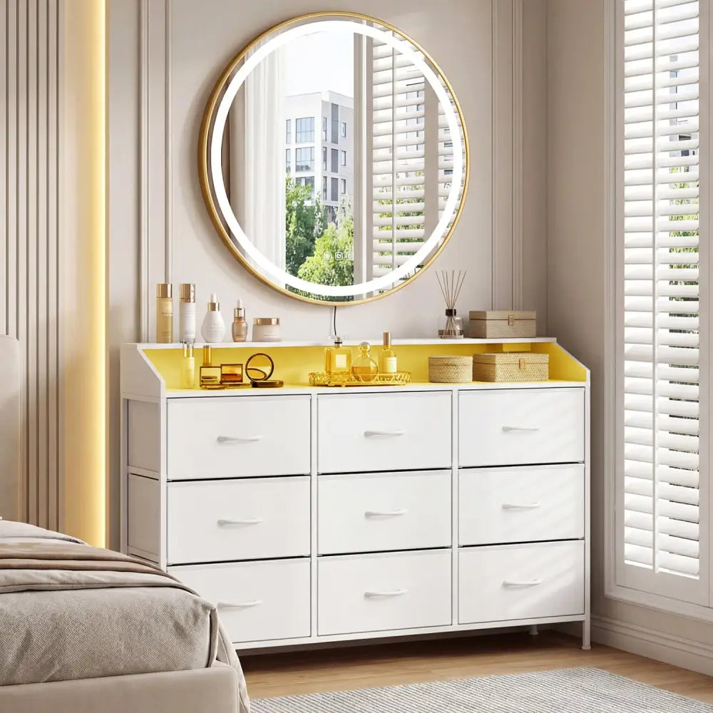 Storage Organizer with LED Lights and 9 Fabric Drawers for Bedroom-White - White - Dressers & Chests