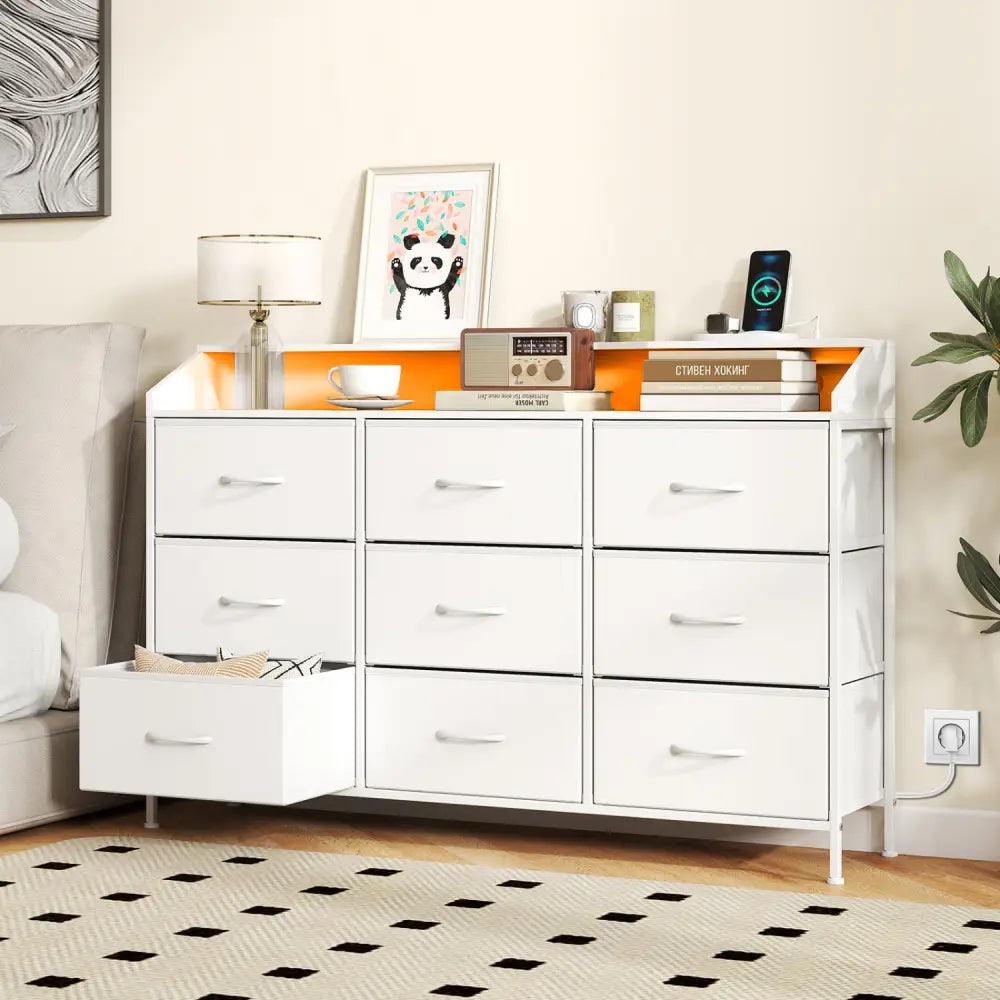 Storage Organizer with LED Lights and 9 Fabric Drawers for Bedroom-White - White - Dressers & Chests