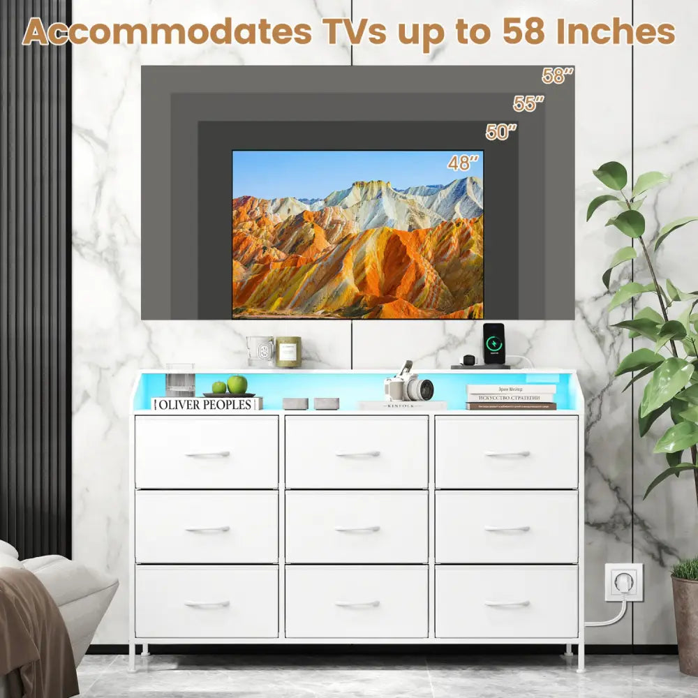 Storage Organizer with LED Lights and 9 Fabric Drawers for Bedroom-White - White - Dressers & Chests