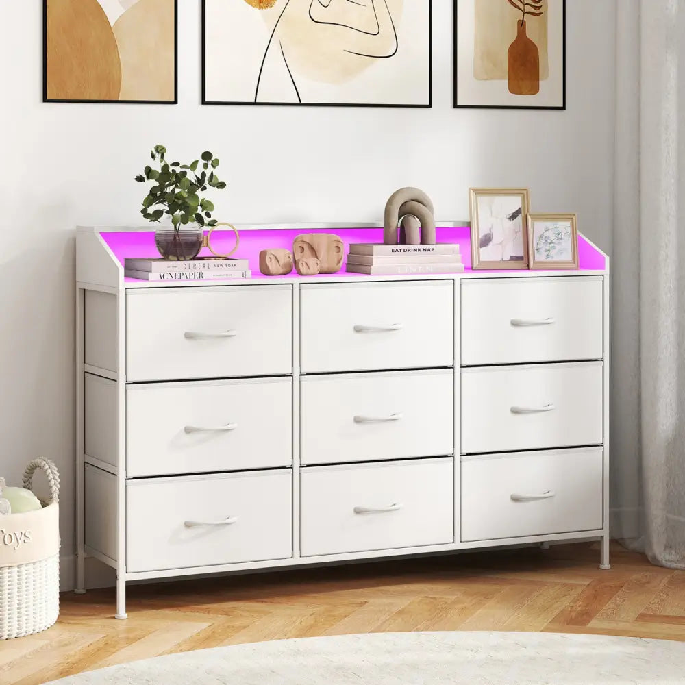 Storage Organizer with LED Lights and 9 Fabric Drawers for Bedroom-White - White - Dressers & Chests