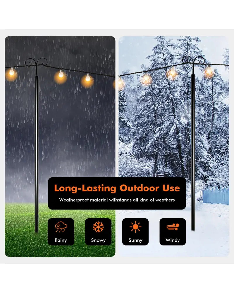 String Light Poles 2 Pack Outdoor Metal Poles with Top Arc Hook and 5-Prong Base-10 ft - Black - Outdoor Decor