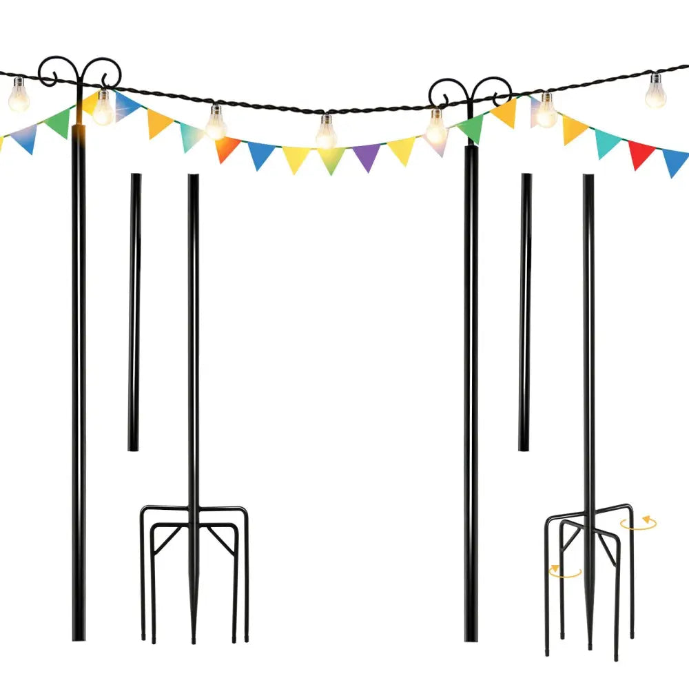 String Light Poles 2 Pack Outdoor Metal Poles with Top Arc Hook and 5-Prong Base-10 ft - Black - Outdoor Decor