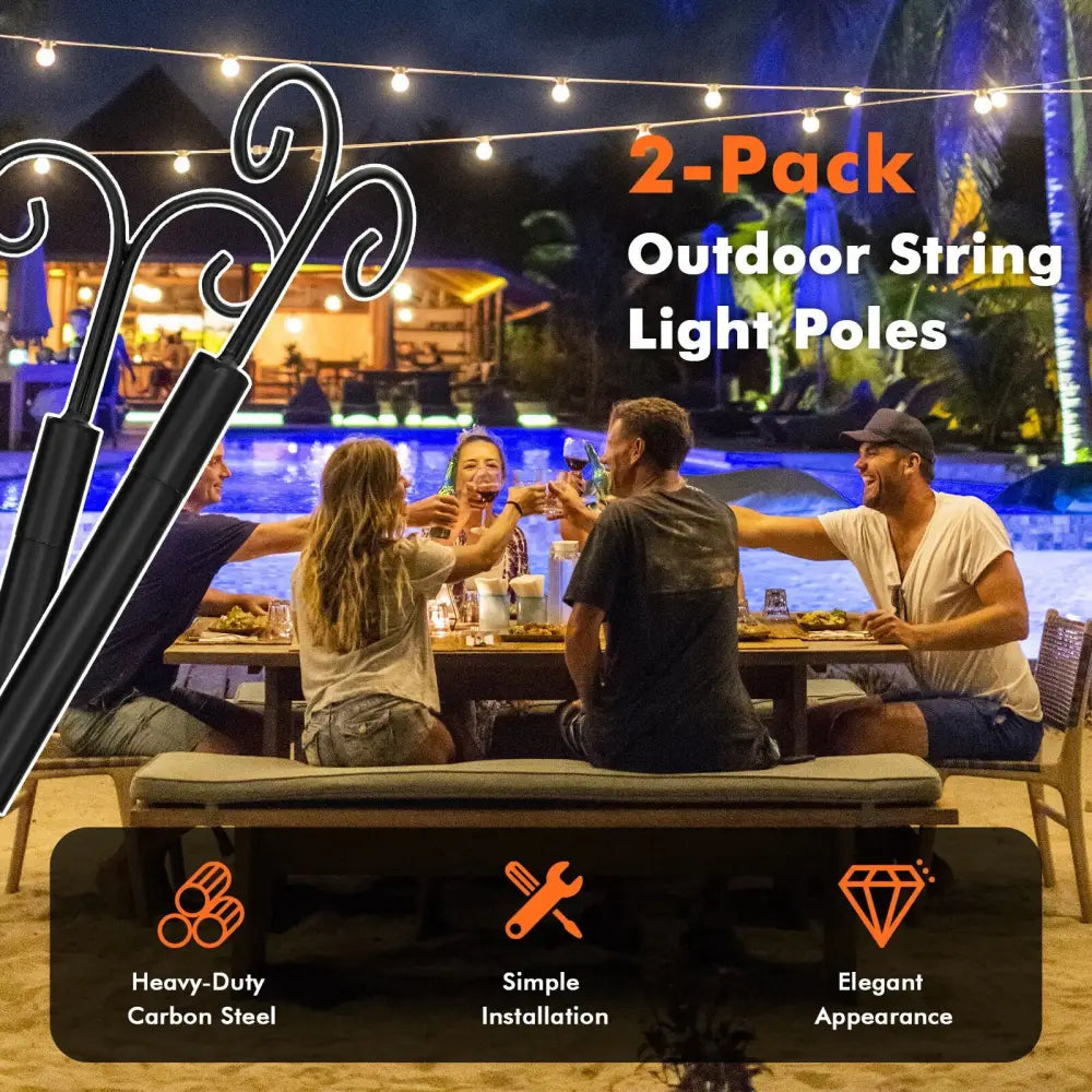 String Light Poles 2 Pack Outdoor Metal Poles with Top Arc Hook and 5-Prong Base-10 ft - Black - Outdoor Decor