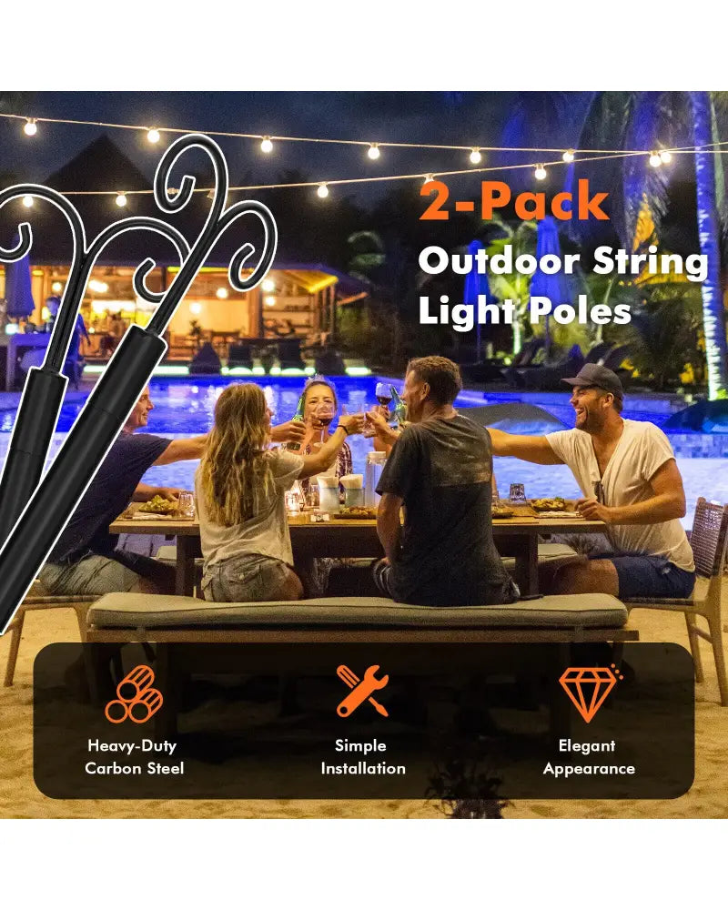 String Light Poles 2 Pack Outdoor Metal Poles with Top Arc Hook and 5-Prong Base-10 ft - Black - Outdoor Decor