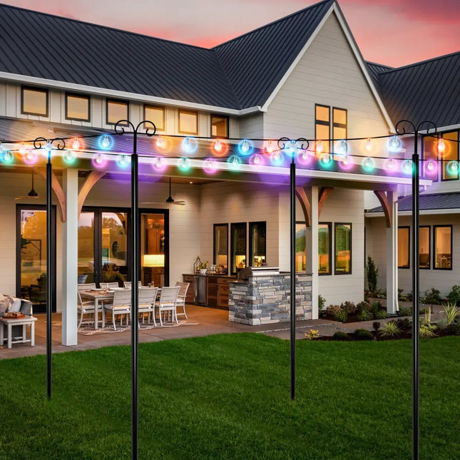 String Light Poles 2 Pack Outdoor Metal Poles with Top Arc Hook and 5-Prong Base-10 ft - Black - Outdoor Decor