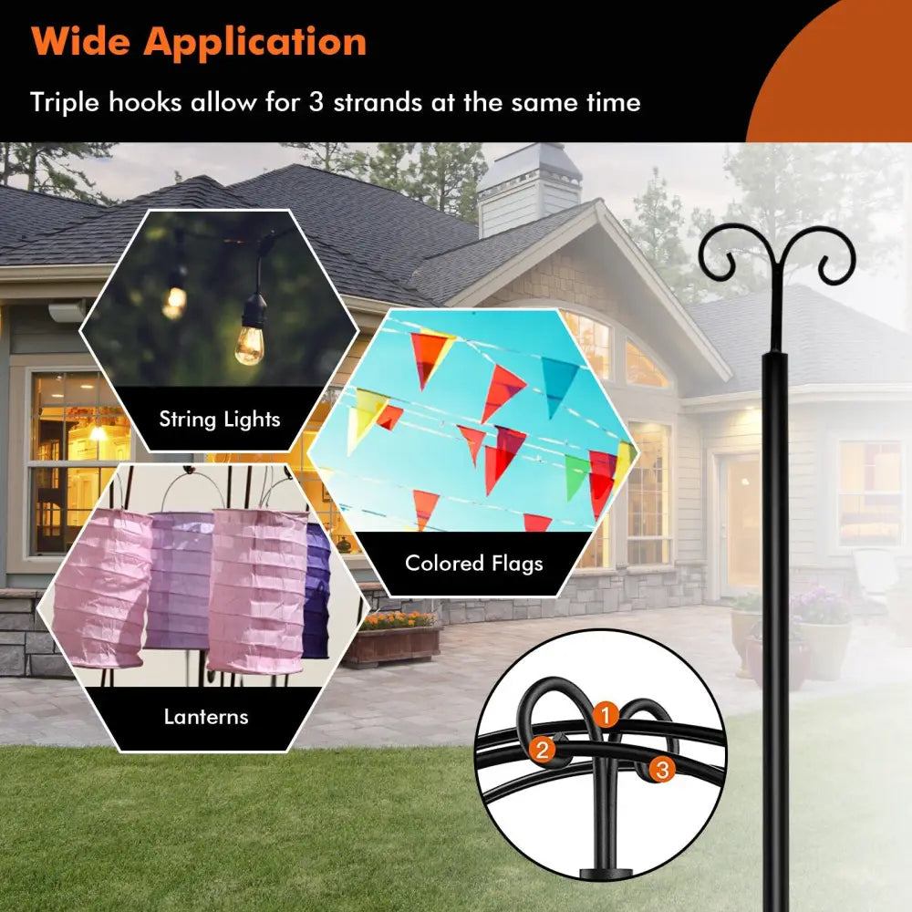 String Light Poles 2 Pack Outdoor Metal Poles with Top Arc Hook and 5-Prong Base-10 ft - Black - Outdoor Decor
