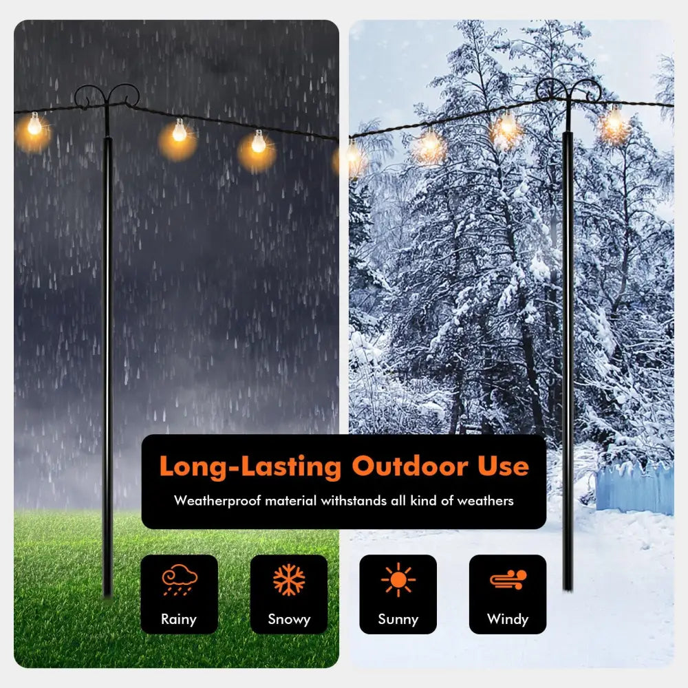 String Light Poles 2 Pack Outdoor Metal Poles with Top Arc Hook and 5-Prong Base-10 ft - Black - Outdoor Decor