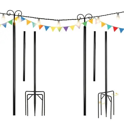 String Light Poles 2 Pack Outdoor Metal Poles with Top Arc Hook and 5-Prong Base-8 ft - Black - Outdoor Decor