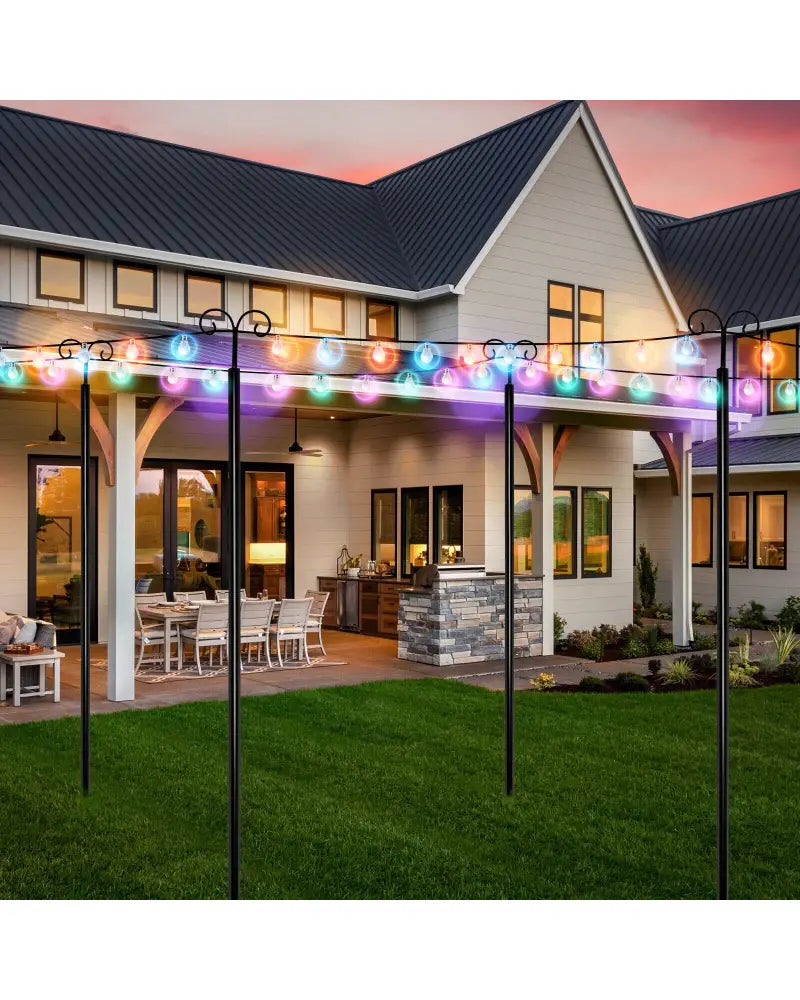 String Light Poles 2 Pack Outdoor Metal Poles with Top Arc Hook and 5-Prong Base-10 ft - Black - Outdoor Decor