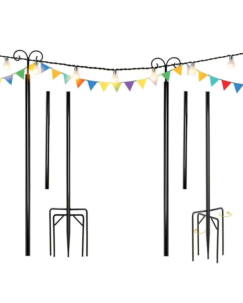 String Light Poles 2 Pack Outdoor Metal Poles with Top Arc Hook and 5-Prong Base-10 ft - Black - Outdoor Decor