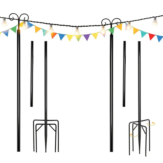 String Light Poles 2 Pack Outdoor Metal Poles with Top Arc Hook and 5-Prong Base-10 ft - Black - Outdoor Decor
