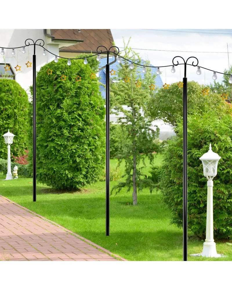 String Light Poles 2 Pack Outdoor Metal Poles with Top Arc Hook and 5-Prong Base-10 ft - Black - Outdoor Decor