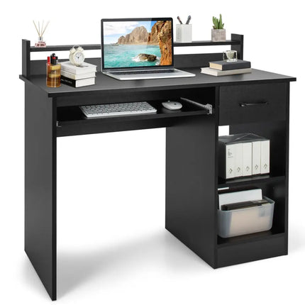 Study Laptop Table with Drawer and Keyboard Tray-Black - Black - Computer Desks