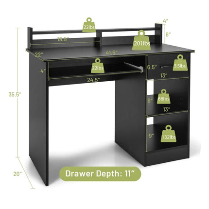 Study Laptop Table with Drawer and Keyboard Tray-Black - Black - Computer Desks