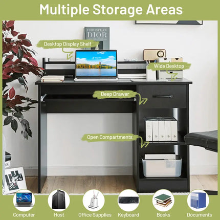 Study Laptop Table with Drawer and Keyboard Tray-Black - Black - Computer Desks