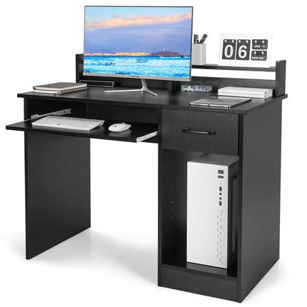 Study Laptop Table with Drawer and Keyboard Tray-Black - Black - Computer Desks