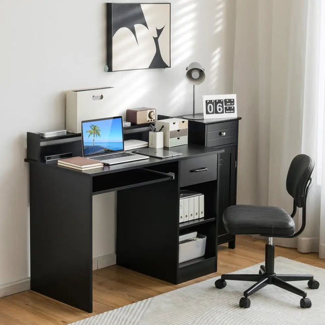 Study Laptop Table with Drawer and Keyboard Tray-Black - Black - Computer Desks