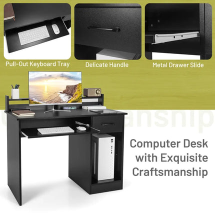 Study Laptop Table with Drawer and Keyboard Tray-Black - Black - Computer Desks