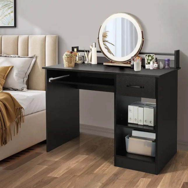 Study Laptop Table with Drawer and Keyboard Tray-Black - Black - Computer Desks