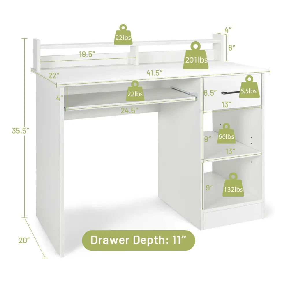 Study Laptop Table with Drawer and Keyboard Tray-White - White - Computer Desks