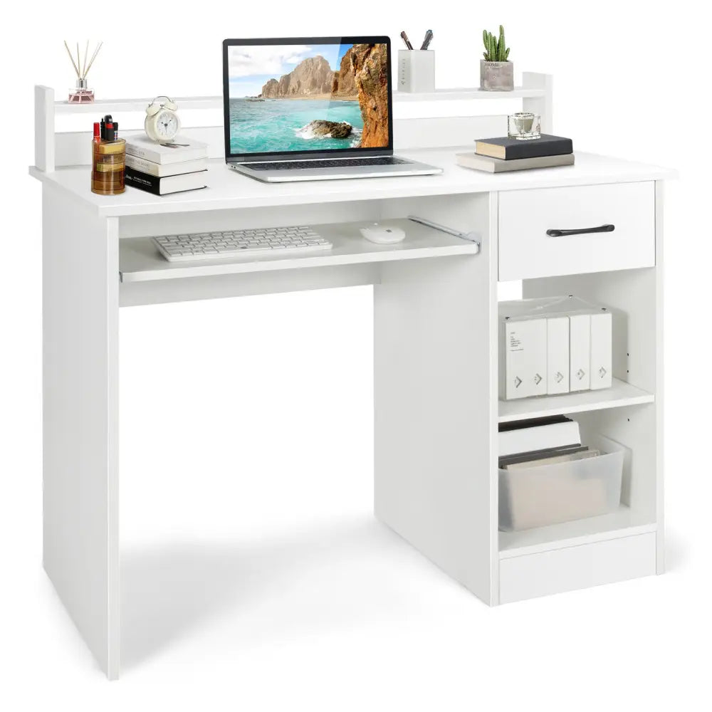 Study Laptop Table with Drawer and Keyboard Tray-White - White - Computer Desks