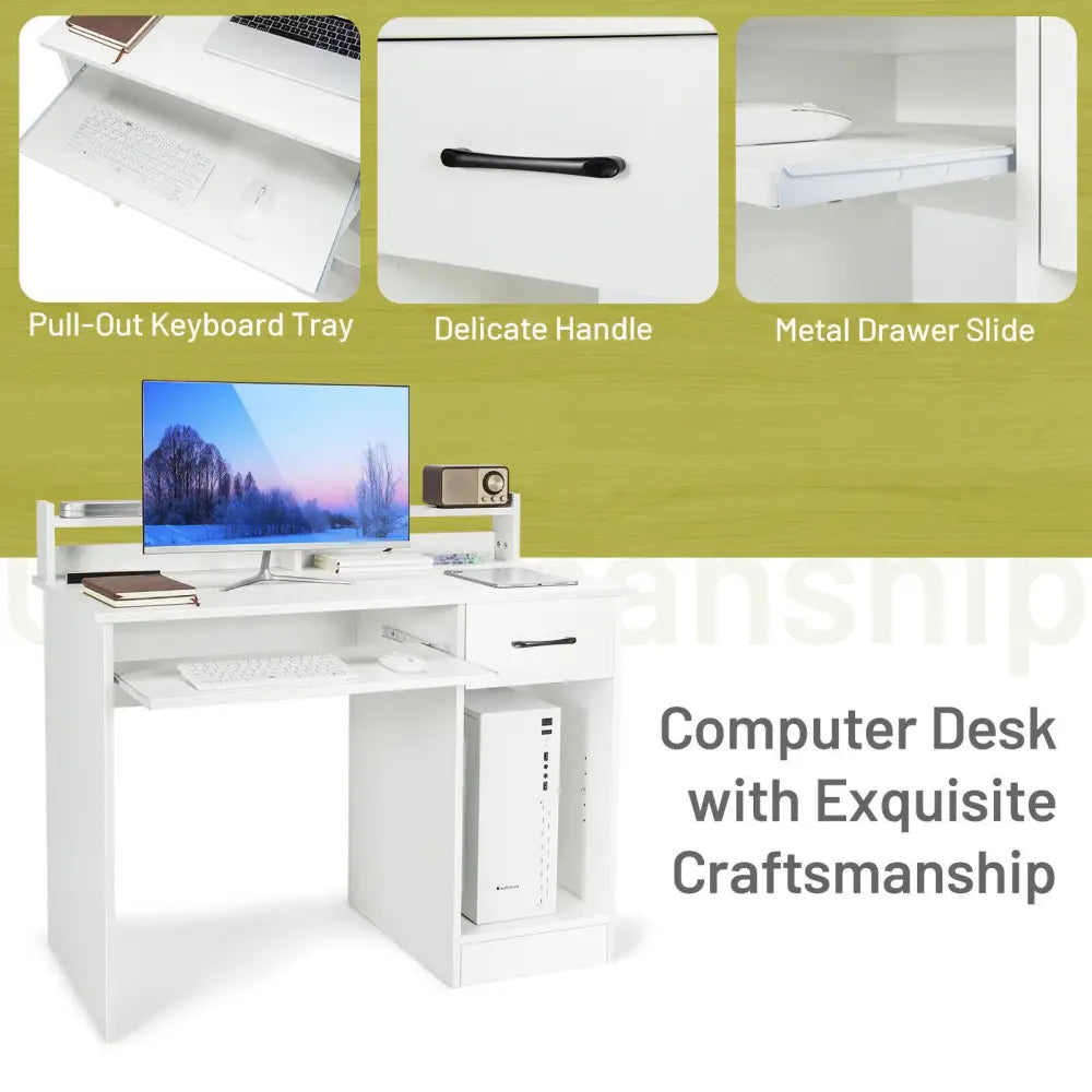 Study Laptop Table with Drawer and Keyboard Tray-White - White - Computer Desks