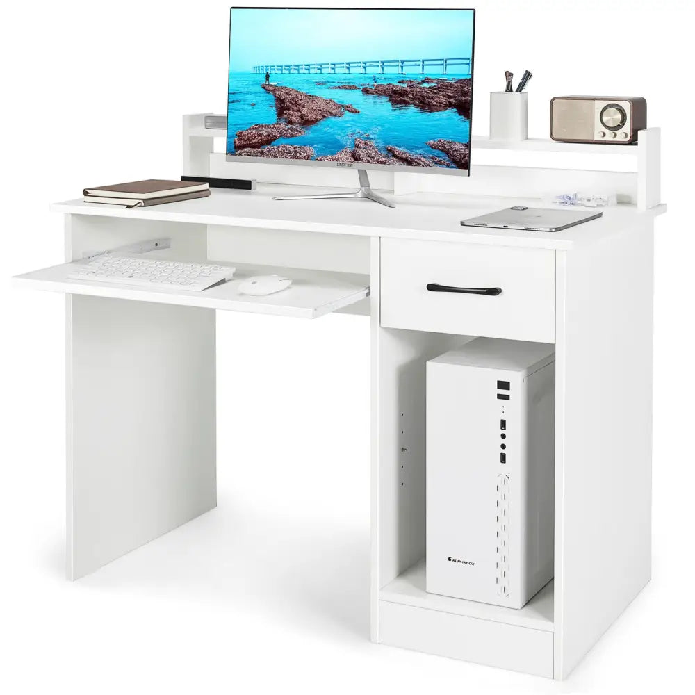 Study Laptop Table with Drawer and Keyboard Tray-White - White - Computer Desks