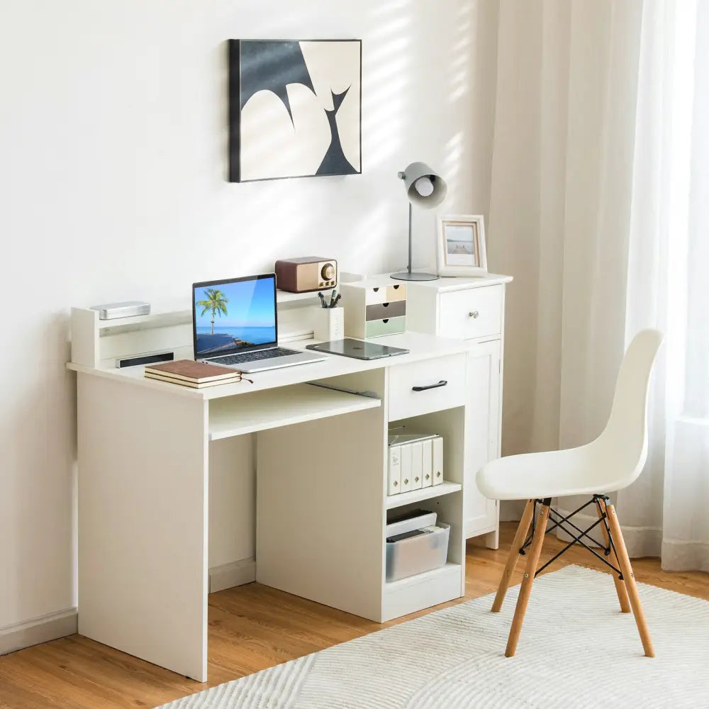 Study Laptop Table with Drawer and Keyboard Tray-White - White - Computer Desks