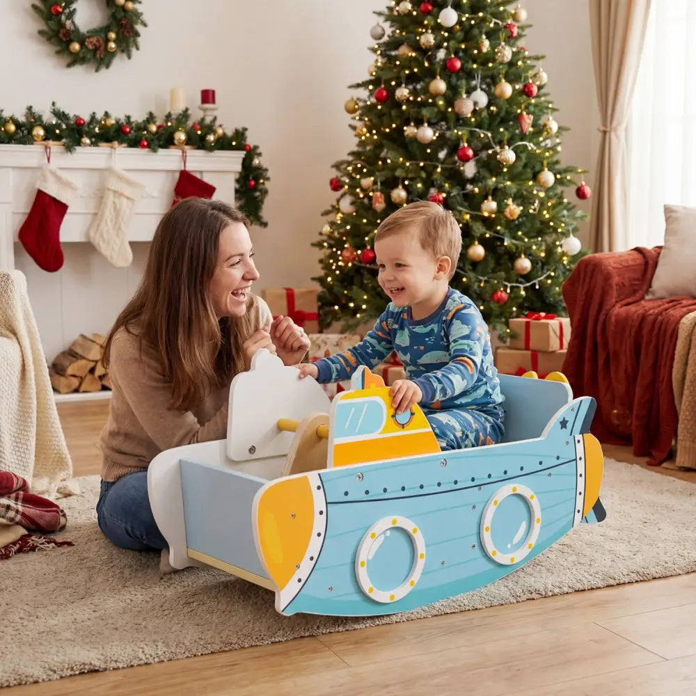 Submarine Wooden Climbing Toy with Rotating Propeller and Rocking Climber - Climbers & Slides