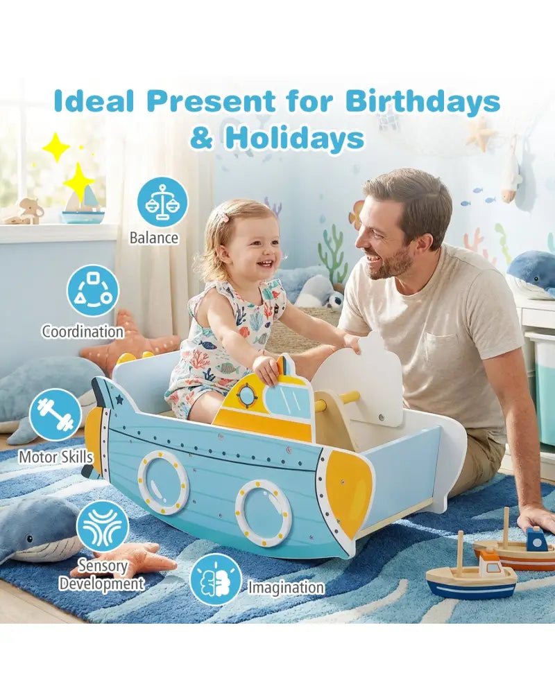 Submarine Wooden Climbing Toy with Rotating Propeller and Rocking Climber - Climbers & Slides