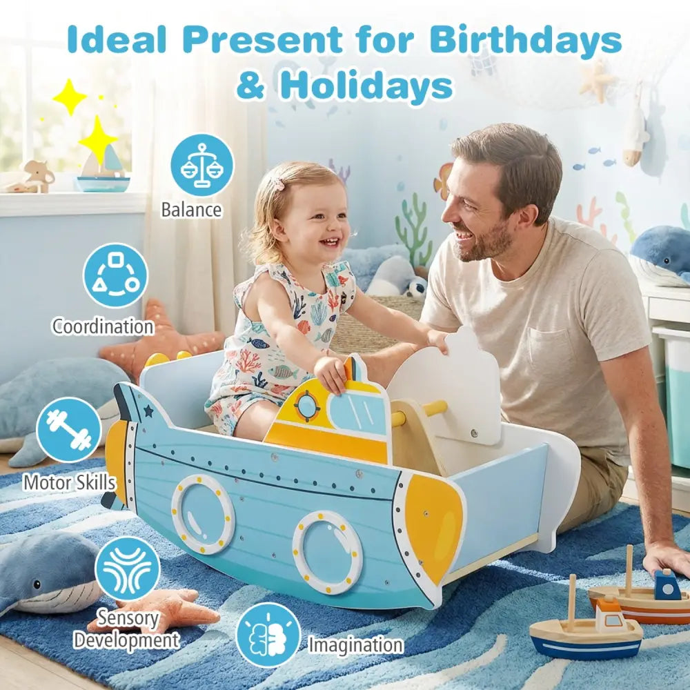 Submarine Wooden Climbing Toy with Rotating Propeller and Rocking Climber - Climbers & Slides