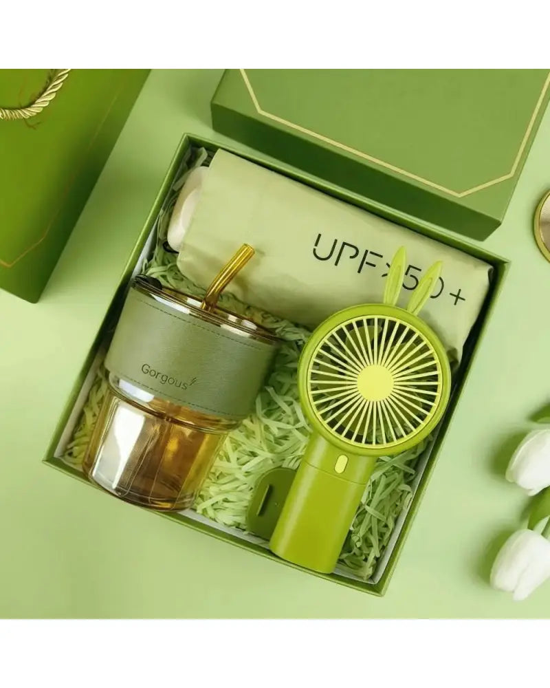 Summer Gift Set – Insulated Water Bottle Mini Fan & UPF 50+ Sun Umbrella