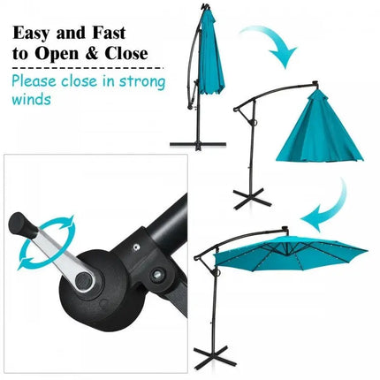 Summer Patio Luxury Bundle: 5-Pc Rattan Furniture Set 8-in-1 Water Slide & 10ft LED Offset Umbrella - Outdoor & Patio